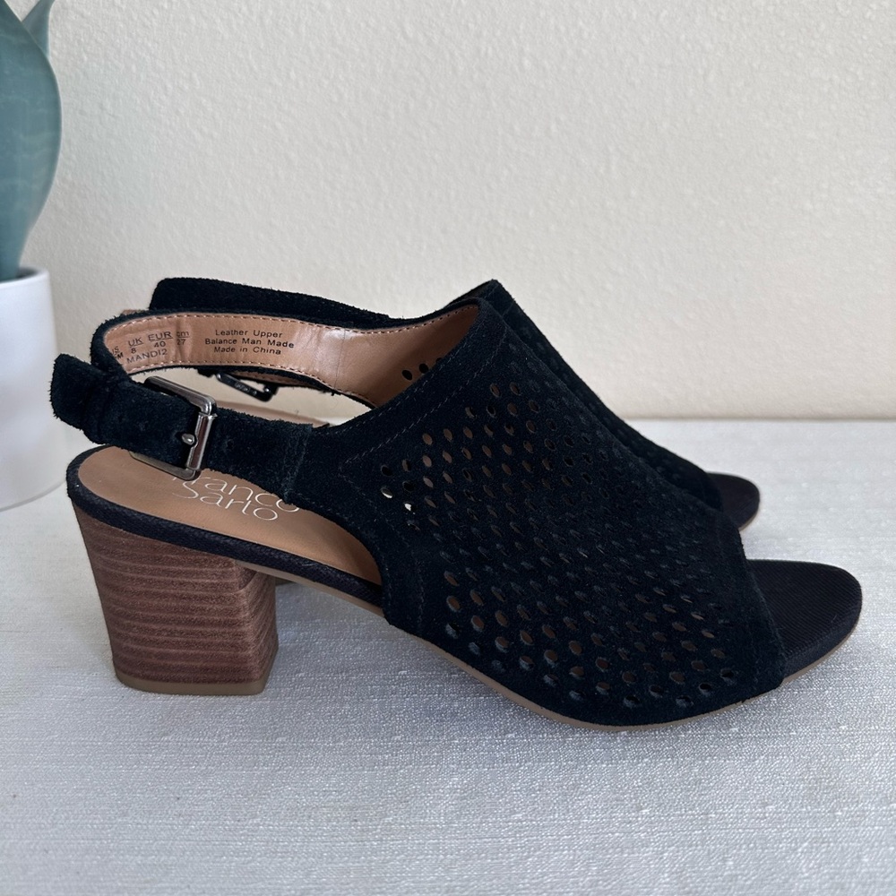 Franco Sarto Mandi Black Perforated Suede Heeled Sandals Women’s 10M